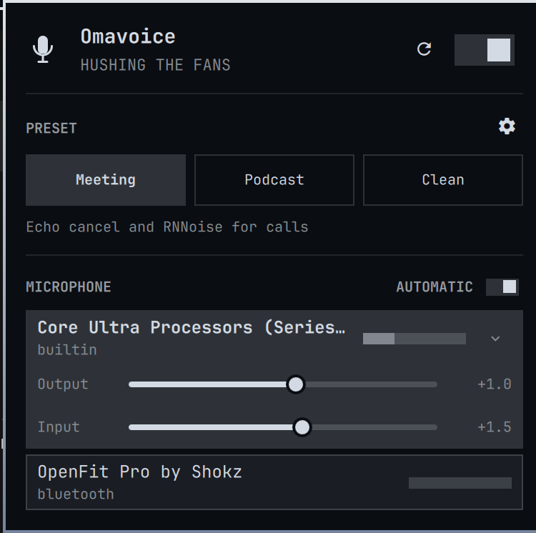 Omavoice panel with Meeting, Podcast, and Clean presets and a live microphone level